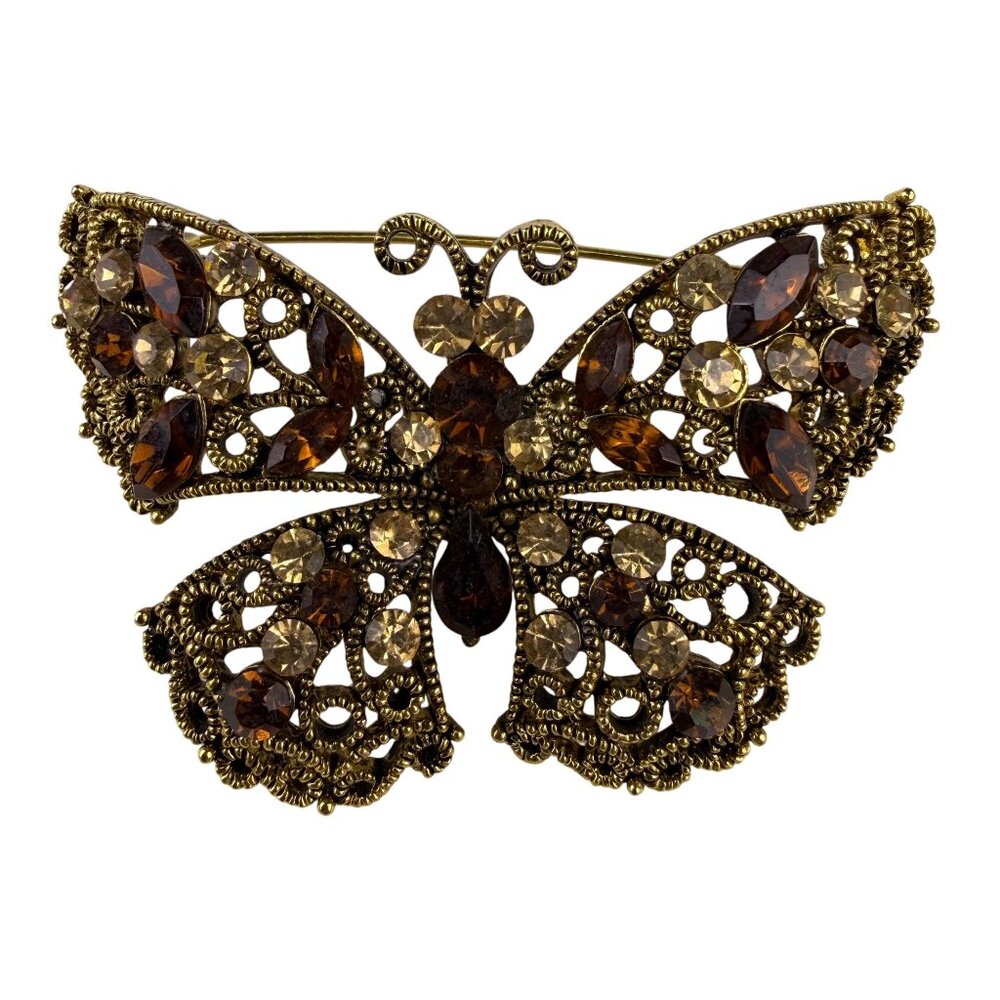 Vintage Ornate Butterfly Rhinestone Brooch Amber & Champagne Crystal Gold Tone